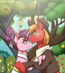 Size: 1042x1156 | Tagged: safe, artist:inuhoshi-to-darkpen, big macintosh, sugar belle, earth pony, pony, unicorn, the big mac question, clothes, cute, female, fluffy, husband and wife, looking at each other, male, shipping, smiling, straight, sugarmac, tree