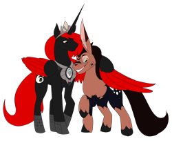 Size: 2807x2292 | Tagged: safe, artist:dragga, oc, oc only, oc:darkness, oc:wacky quest, alicorn, unicorn, 2020 community collab, alicorn oc, derpibooru community collaboration, duo, long ears, red and black oc, simple background, standing, transparent background, unicorn oc