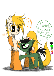 Size: 985x1385 | Tagged: safe, artist:didun850, oc, oc only, oc:elude, oc:ember, earth pony, pony, bags under eyes, chest fluff, colt, confused, duo, earth pony oc, exclamation point, eye clipping through hair, female, interrobang, male, mare, question mark, simple background, speech, white background