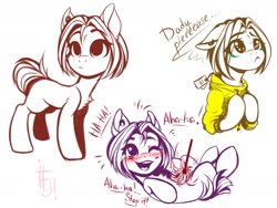 Size: 1280x960 | Tagged: safe, artist:falafeljake, oc, oc only, oc:lazzy butt, earth pony, pony, blushing, chest fluff, clothes, duster, floppy ears, hoodie, laughing, sketch, solo, tickling