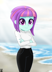 Size: 4000x5600 | Tagged: safe, artist:theretroart88, sunny flare, equestria girls, absurd resolution, beach, clothes, crossed arms, female, looking at you, ocean, pants, sand, smiling, solo