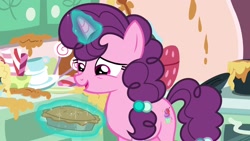 Size: 1920x1080 | Tagged: safe, screencap, sugar belle, pony, the big mac question, food, magic, pie, solo