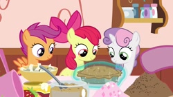 Size: 1920x1080 | Tagged: safe, screencap, apple bloom, scootaloo, sweetie belle, pony, the big mac question, cutie mark crusaders, food, magic, pie