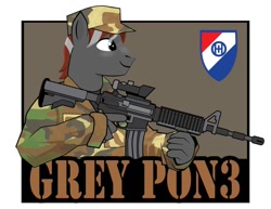 Size: 792x612 | Tagged: safe, artist:samoht-lion, oc, oc:grey pone, anthro, earth pony, acog, camouflage, clothes, gun, hat, long sleeves, m4, rifle, simple background, smiling, solo, trigger discipline, weapon, white background