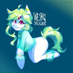 Size: 1080x1080 | Tagged: safe, alternate version, artist:weirdsketcher, oc, oc only, earth pony, pony, semi-anthro, abstract background, anklet, blank flank, bracelet, clothes, commission, female, hairclip, jewelry, looking at you, mare, see-through, see-through shirt, shirt, smiling, solo