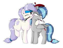 Size: 2372x1816 | Tagged: safe, artist:pencil bolt, oc, oc only, oc:artstina, oc:dusty color, earth pony, pegasus, pony, 2020 community collab, beret, brush, derpibooru community collaboration, dustina, female, hat, headband, male, simple background, smiling, transparent background