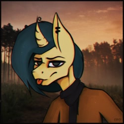 Size: 1080x1080 | Tagged: safe, artist:dolor, oc, oc:watashiao, anthro, unicorn, autumn, clothes, digital art, forest, piercing, scarf, solo, tongue out