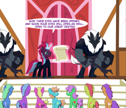 Size: 3242x2784 | Tagged: safe, artist:chedx, tempest shadow, earth pony, pony, unicorn, comic:kingdom fall, alternate history, crystal of light, female, general tempest shadow, mare, parallel universe, ponyville, ponyville town hall, royal decree, scared, scroll, storm guard, worried
