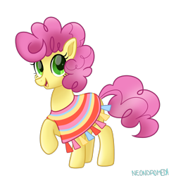 Size: 1280x1336 | Tagged: safe, artist:neondromeda, li'l cheese, earth pony, pony, the last problem, clothes, cute, li'l cheesebetes, looking at you, older, older li'l cheese, open mouth, poncho, raised hoof, simple background, smiling, solo, transparent background
