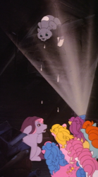 Size: 1196x2149 | Tagged: safe, edit, edited screencap, screencap, bon bon (g1), bright eyes, clover (g1), melody, patch (g1), starlight (g1), sweetheart, cat, earth pony, pony, g1, my little pony tales, slumber party (episode), attic, baseball bat, cardboard box, composite screencap, dark, flashlight (object), panorama, springfield