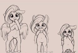 Size: 4000x2703 | Tagged: safe, artist:miokomata, fluttershy, pegasus, pony, semi-anthro, belly button, both cutie marks, chest fluff, cookie, cute, featureless crotch, female, floppy ears, food, freckles, full face view, grayscale, high res, looking at you, mare, monochrome, self ponidox, shyabetes, simple background, size difference, smiling, smol, tallershy, triality, white background