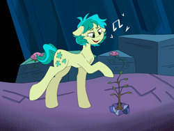 Size: 1280x960 | Tagged: dead source, safe, artist:sketckpad1, sandbar, earth pony, pony, uprooted, chest fluff, cute, eye clipping through hair, floppy ears, flower, heart, lidded eyes, music notes, open mouth, sandabetes, sapling, scene interpretation, solo