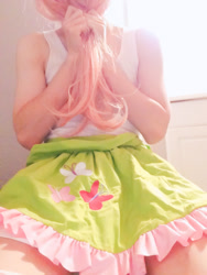 Size: 960x1280 | Tagged: safe, artist:lilfluttertrap, edit, fluttershy, human, clothes, cosplay, costume, crossdressing, crossplay, irl, irl human, legs, male, photo, pink hair, skirt, solo, tanktop, trap