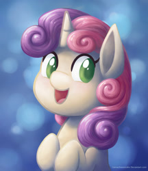 Size: 1730x2000 | Tagged: safe, artist:llamacheesecake, sweetie belle, pony, unicorn, bust, colored pupils, cute, diasweetes, female, filly, happy, open mouth, solo, weapons-grade cute