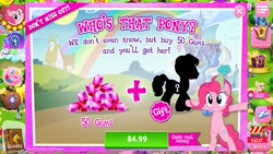 Size: 1280x720 | Tagged: safe, derpibooru import, screencap, cup cake, lucky clover, pinkie pie, alicorn, earth pony, pony, costs real money, gameloft, gem, hat, magnet, party hat, twilight's castle, who's that pony