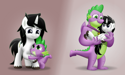 Size: 800x482 | Tagged: safe, artist:jhayarr23, spike, oc, oc:soul glow, dragon, pony, unicorn, canon x oc, gay, holding a pony, male, older, shipping, stallion