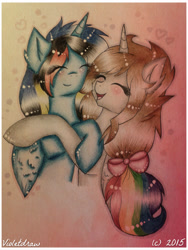 Size: 1500x2000 | Tagged: safe, artist:violetdraw, oc, oc:scootke, alicorn, pony, alicorn oc, eyes closed, hug, smiling, traditional art