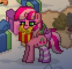 Size: 249x238 | Tagged: safe, oc, oc only, oc:cherry days, pony, unicorn, bow, clothes, eyeshadow, female, horn, makeup, mare, mouth hold, pixel art, pony town, present, smiling, socks, solo, striped socks, tail bow, unicorn oc