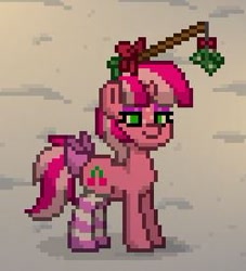 Size: 251x277 | Tagged: safe, oc, oc only, oc:cherry days, pony, unicorn, bow, clothes, eyeshadow, female, fishing rod, horn, makeup, mare, mistletoe, pixel art, pony town, smiling, snow, socks, solo, striped socks, tail bow, unicorn oc