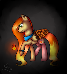 Size: 1024x1138 | Tagged: safe, artist:thelivingnote, oc, oc only, oc:fire shobat, pegasus, pony, dark background, digital art, female, fire, green eyes, mare, solo, two toned wings, wings