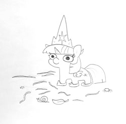 Size: 1381x1361 | Tagged: safe, artist:tjpones, twilight sparkle, oc, oc:puddle worms™, alicorn, pony, spider, worm, the last problem, clothes, crown, female, grayscale, hoof shoes, jewelry, leaf, mare, monochrome, oversized clothes, princess shoes, regalia, snail, solo, traditional art, twiggie