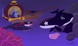 Size: 1154x692 | Tagged: safe, artist:captainfish, oc, oc:captain fish, oc:star plume, orca, pony, squid, bathysphere, giant squid, scallop, ship wreck, underwater