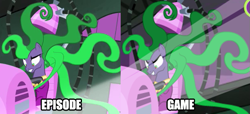 Size: 613x280 | Tagged: safe, edit, screencap, mane-iac, pony, power ponies (episode), antagonist, comparison, evil grin, grin, power ponies go, smiling, text, worried