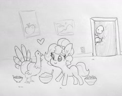 Size: 1716x1355 | Tagged: safe, artist:tjpones, oc, oc only, oc:brownie bun, oc:richard, bird, earth pony, human, horse wife, female, grayscale, heart, holiday, mare, monochrome, pencil drawing, thanksgiving, traditional art, turkey