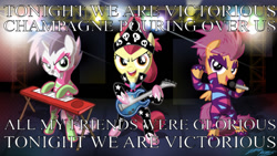 Size: 1218x689 | Tagged: safe, artist:willdrawforfood1, edit, editor:undeadponysoldier, apple bloom, scootaloo, sweetie belle, earth pony, pegasus, pony, unicorn, band, clothes, cutie mark crusaders, electric guitar, electric piano, female, filly, guitar, keyboard, microphone, musical instrument, panic! at the disco, show stopper outfits, song reference, victorious, word art