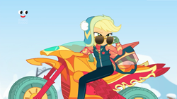 Size: 1920x1080 | Tagged: safe, screencap, applejack, better together, equestria girls, holidays unwrapped, female, motorcycle, plusplus, solo, sunglasses