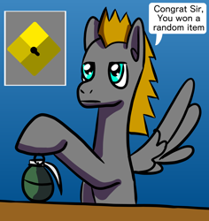 Size: 1934x2048 | Tagged: safe, artist:platinumdrop, oc, oc:platinumdrop, pegasus, grenade, male, solo, speech bubble, stallion