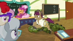 Size: 1920x1080 | Tagged: safe, screencap, cheerilee, scootaloo, silver spoon, snap shutter, twist, cragadile, crocodile, pony, the last crusade