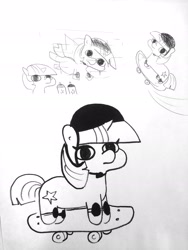 Size: 1440x1920 | Tagged: safe, artist:tjpones, twilight sparkle, unicorn twilight, pony, unicorn, cool, female, helmet, knee pads, mare, monochrome, rad, skateboard, sketch, solo, traditional art, twiggie