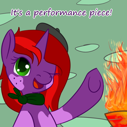 Size: 1280x1280 | Tagged: safe, artist:maplesquidarts, oc, oc:rogue dream, pony, unicorn, beret, female, fire, hat, mare, one eye closed, solo, wink