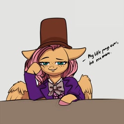 Size: 2000x2000 | Tagged: safe, artist:miokomata, fluttershy, pegasus, pony, semi-anthro, charlie and the chocolate factory, colored hooves, condescending wonka, dialogue, female, floppy ears, freckles, freckleshy, gene wilder, hat, mare, meme, ponified meme, top hat, willy wonka, willy wonka and the chocolate factory