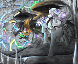 Size: 1913x1558 | Tagged: safe, artist:tillie-tmb, daring do, twilight velvet, pegasus, pony, unicorn, fanfic:spectrum of lightning, series:daring did tales of an adventurer's companion, cave, duo, duo female, fanfic art, female, lightning, mare, mouth hold, petrification, saddle bag, trowel