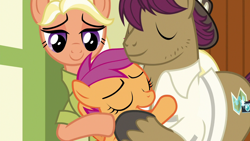 Size: 1280x720 | Tagged: safe, screencap, mane allgood, scootaloo, snap shutter, pony, the last crusade, hug, scootalove