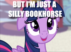 Size: 1292x939 | Tagged: safe, edit, edited screencap, screencap, twilight sparkle, twilight sparkle (alicorn), alicorn, princess twilight sparkle (episode), bookhorse, bronybait, caption, cropped, cute, dork, floppy ears, image macro, nickname, solo, text, twiabetes