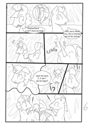 Size: 762x1049 | Tagged: safe, artist:jamestoneda, cloudchaser, evening star, party favor, thunderlane, earth pony, pegasus, pony, unicorn, comic:securing a sentinel, boxes, butt, carousel boutique, comic, commissioner:bigonionbean, confused, dialogue, drunk, forced, fusion, hat, horn, magic, male, nightime, plot, ponyville, potion, shattered glass, shocked, sketch, sketch dump, sparking horn, stallion, writer:bigonionbean