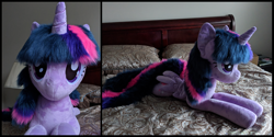 Size: 3000x1500 | Tagged: safe, artist:joltage, twilight sparkle, twilight sparkle (alicorn), alicorn, pony, bed, irl, life size, photo, plushie, solo