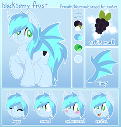 Size: 2114x2225 | Tagged: safe, artist:pearlyiridescence, oc, oc:blackberry frost, bat pony, pony, bat pony oc, reference sheet