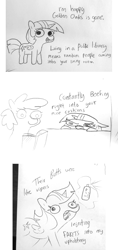 Size: 1845x3912 | Tagged: safe, artist:tjpones, twilight sparkle, twilight sparkle (alicorn), alicorn, pony, air freshener, comic, dialogue, female, implied farting, mare, monochrome, tongue out, traditional art