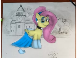 Size: 2048x1536 | Tagged: safe, fluttershy, pegasus, pony, cinderella, clothes, disney, dress, princess, solo, traditional art