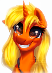 Size: 464x653 | Tagged: safe, artist:dolorosacake, oc, pony, unicorn, bust, commission, grin, happy, looking up, smiley face, smiling, solo, uncanny valley