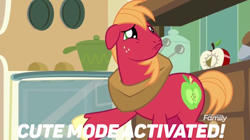 Size: 748x419 | Tagged: safe, edit, edited screencap, screencap, big macintosh, earth pony, pony, the break up breakdown, cute, cute mode activated, discovery family logo, food, macabetes, male, meme, oven, pie, pointing, puppy dog eyes, solo, stallion, text