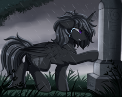 Size: 2950x2350 | Tagged: safe, artist:pridark, oc, oc only, alicorn, pony, alicorn oc, commission, crying, grass, gravestone, graveyard, male, rain, solo, tree