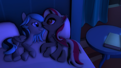 Size: 1920x1080 | Tagged: safe, artist:nightyluny, oc, oc:luny, oc:miabat, bat pony, pegasus, pony, 3d, bed, plushie, source filmmaker