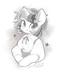 Size: 1300x1720 | Tagged: safe, artist:potetecyu_to, twilight sparkle, anthro, semi-anthro, beret, breasts, bust, chestbreasts, cute, female, grayscale, hat, monochrome, simple background, solo, twiabetes, white background