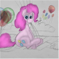 Size: 1080x1080 | Tagged: safe, artist:thegreatmewtwo, pinkie pie, earth pony, pony, balloon, cute, female, looking at you, mare, mouth hold, sitting, smiling, solo