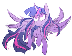 Size: 1131x884 | Tagged: safe, artist:lambyanxious, twilight sparkle, twilight sparkle (alicorn), alicorn, pony, eye clipping through hair, female, flying, looking up, mare, simple background, smiling, solo, starry eyes, stars, white background, windswept mane, wingding eyes